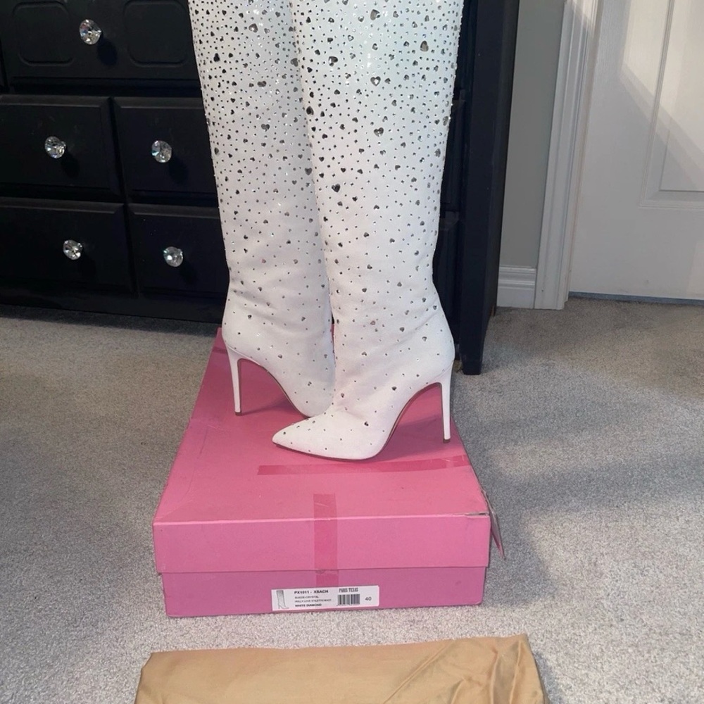 White Rhinestone Knee-High Stiletto Boots - Picture 10 of 10